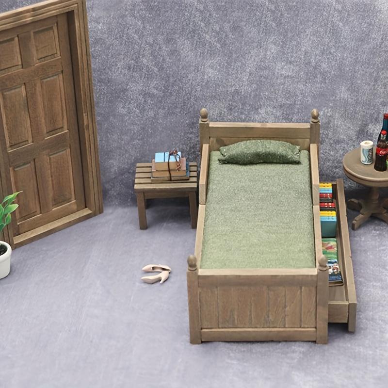 1set Miniature Bed with Drawer-1:12 Wooden Furniture-Bedroom Bedding Furniture Accessories with Pillow & Mattresses-Vintage Mini House Decoration