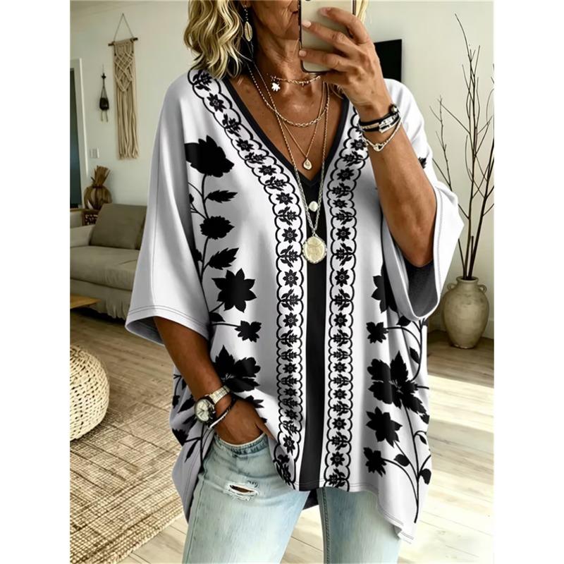Printed Plus-Size Women's V-Neck Batwing Sleeve T-Shirt Bohemian Ethnic Print Loose Top Summer Comfortable Breathable Daily Commute Casual