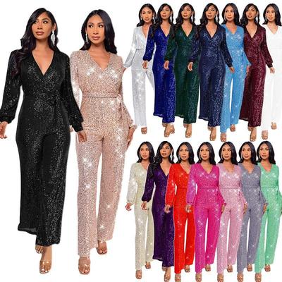 Women's Sparkly Jumpsuit Long Sleeve V-Neck Belted Wide Leg Pantsuit Party Wear