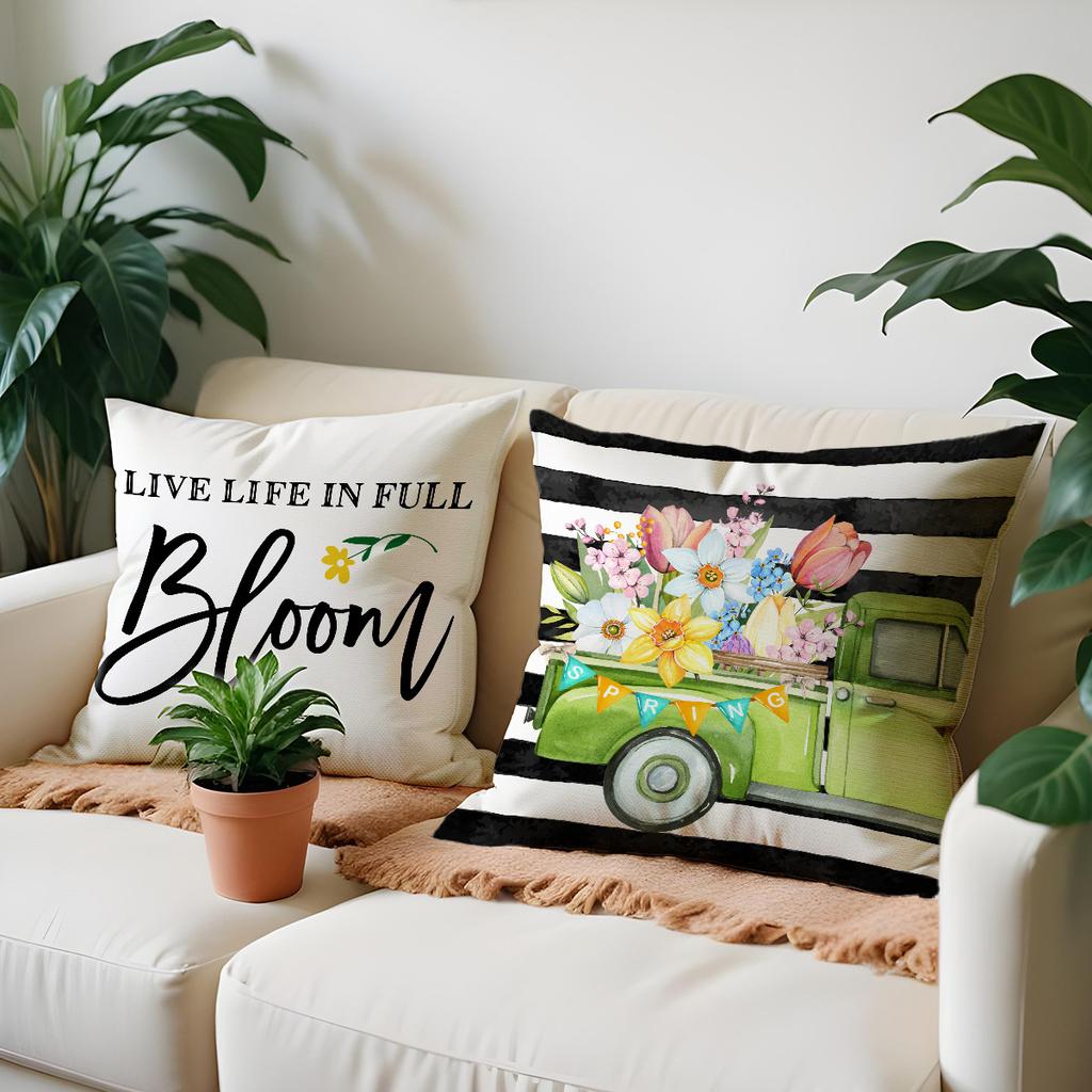 Spring Series Cushion Cover Letter Plant Linen Print Cushion Cover Sofa Office Cushion Cover