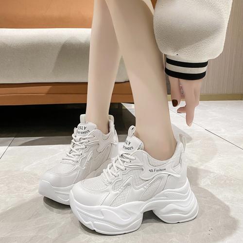 

Модные 10 см массивные кроссовки женские новинка 2024 года осень скрытый каблук платформа спортивная обувь для папы женская шнуровка дышащая сетка повседневная обувь 40 белый