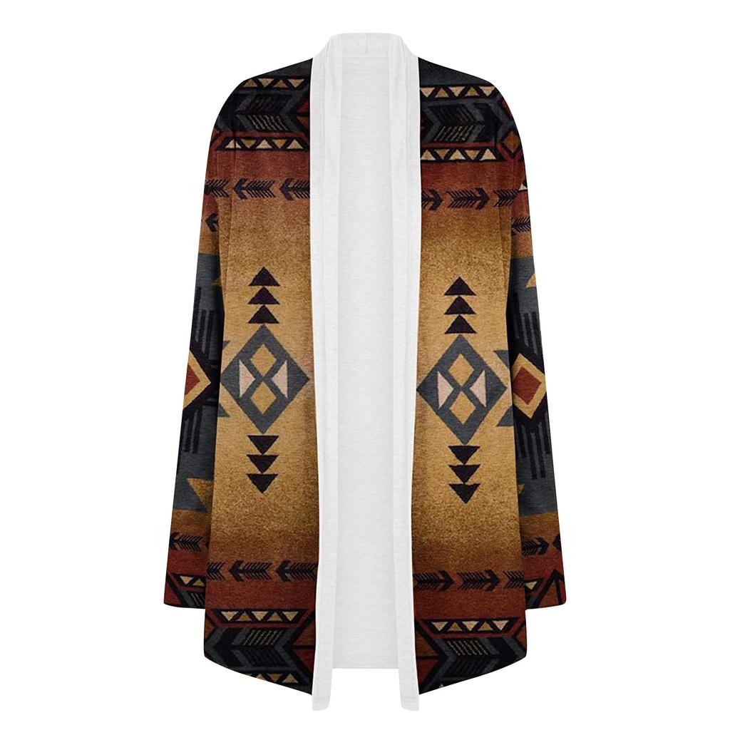 Women's Fashion Casual Nationality Print Medium Length Cardigan Jacket Coat
