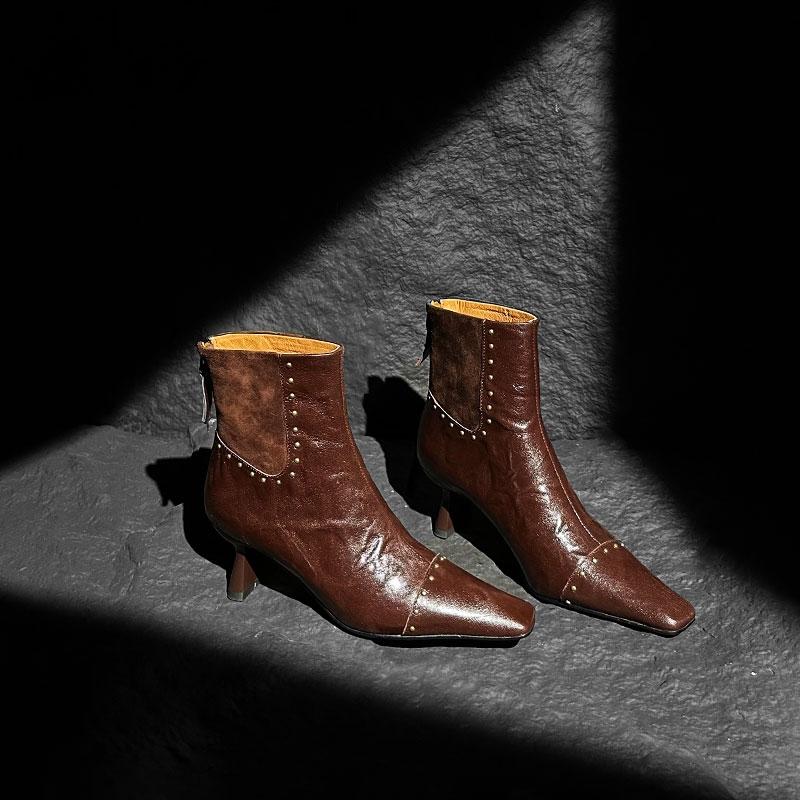 Fashion Women's new autumn and winter pointed leather sheepskin metal rivet high-heeled plus size and calf zipper fashion short boots