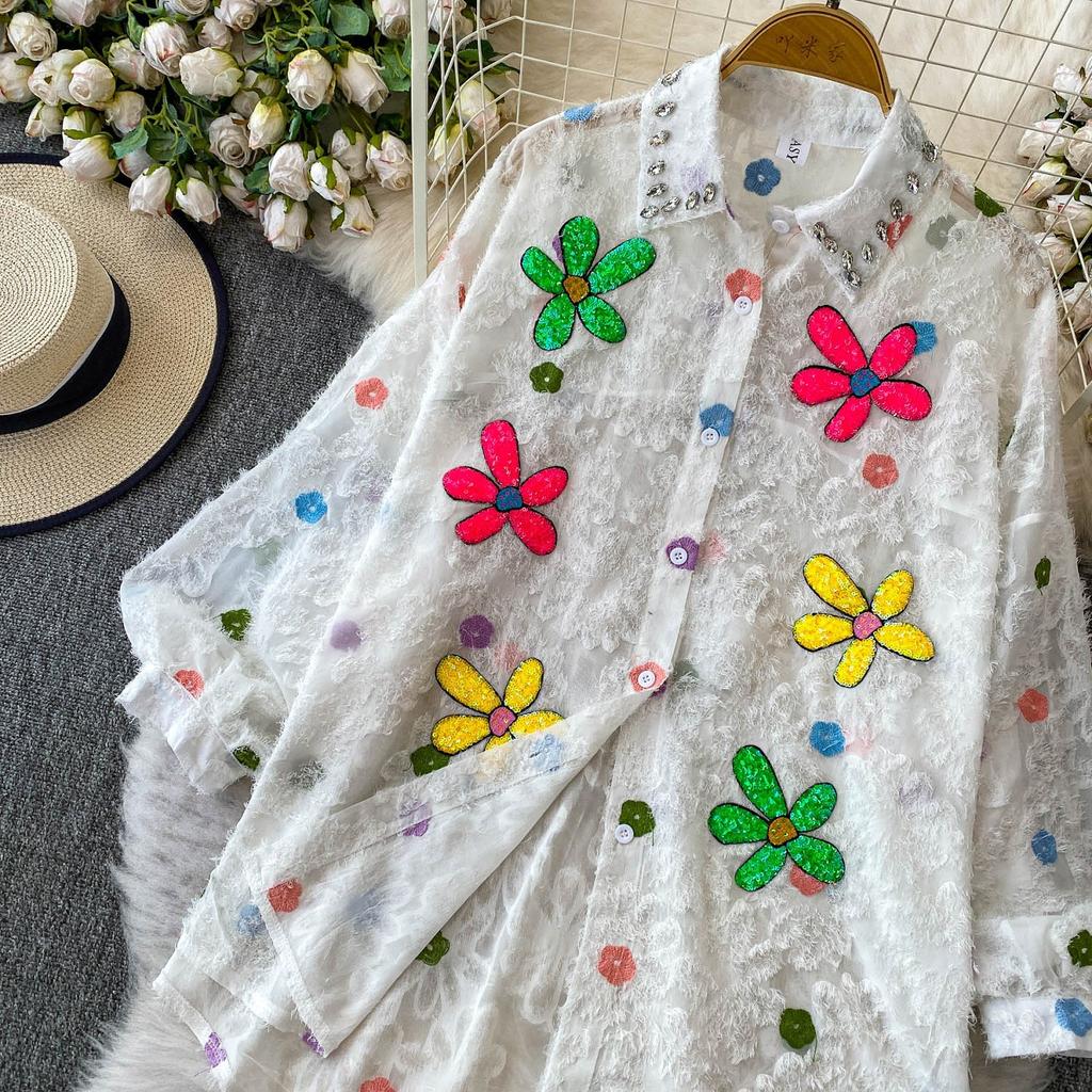 Premium Heavy Industry Diamond Sequined Flower Lapel Lantern Sleeve Shirt Women's Summer Sweet Age-reducing Loose Fringed Top