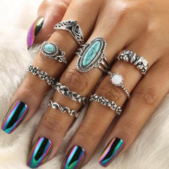 9Pcs/Set Boho Stack Elephant Flower Faux Turquoise Midi Finger Knuckle Rings