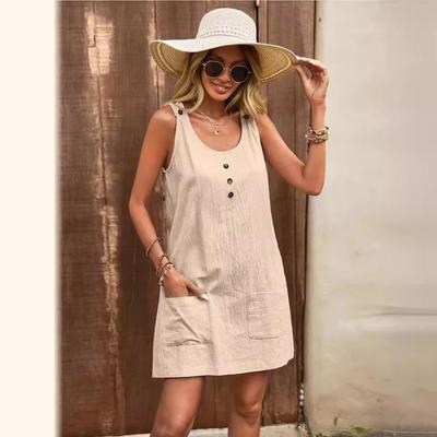 Women's Solid Color Casual Pocket Slip Sleeveless Dress with Button Adjustable Straps