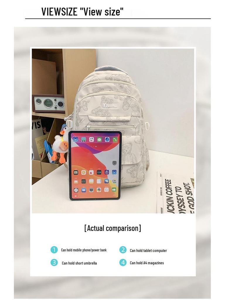 Large Capacity Bear Print Backpack for Students - Perfect for Middle, High School, and University Girls.