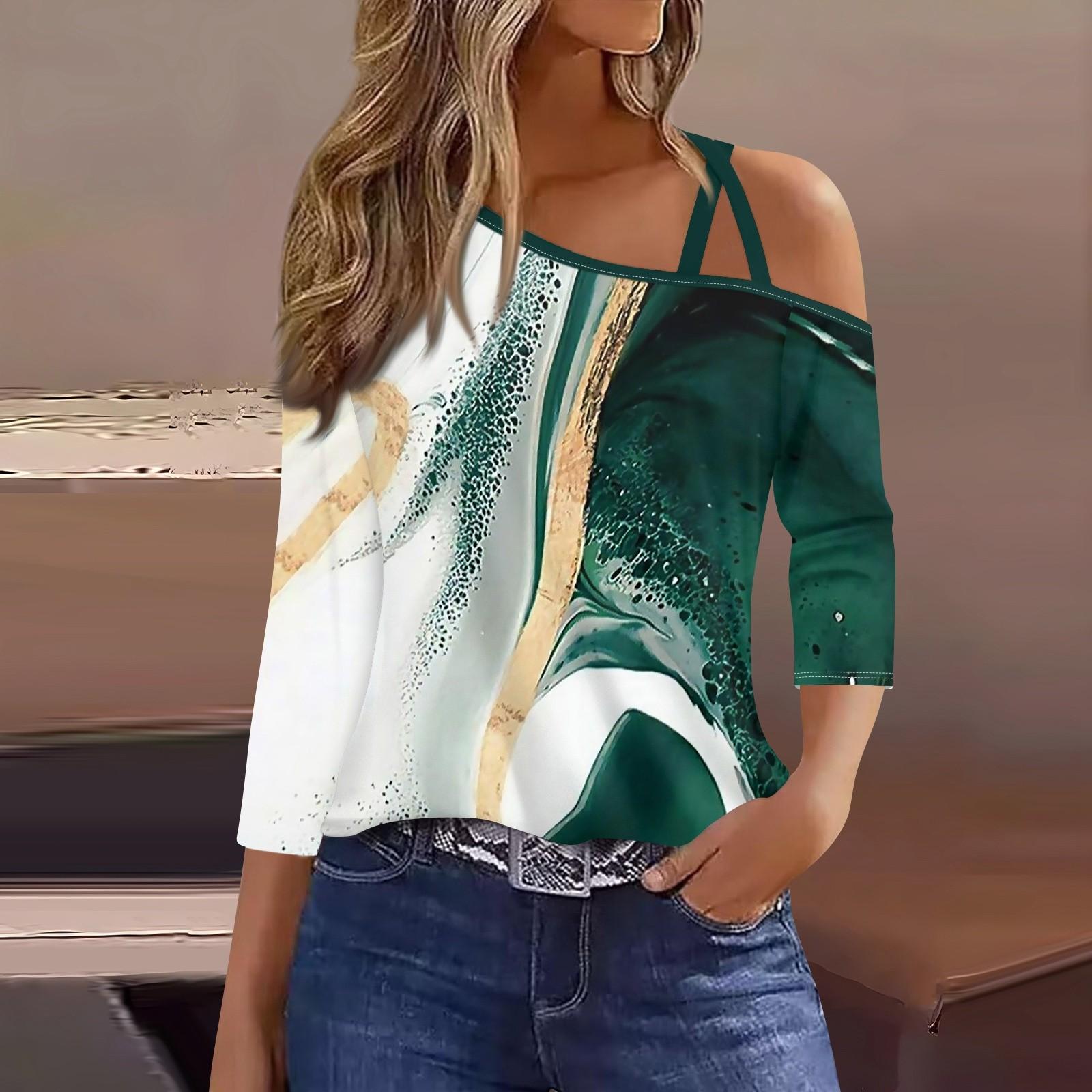 

Женская футболка Футболка с принтом Рукав 3/4 Повседневные Выходные Мода Классический с открытыми плечами Обычный Топ L армия зеленый