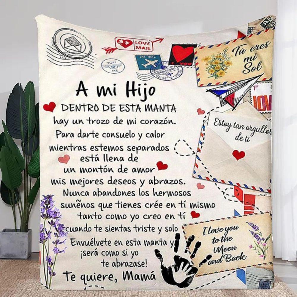 Heartfelt Son Blanket with Love Notes and Warm Messages - Soft Cozy Throw with Vintage Design Featuring 'A mi Hijo' and Adorable
