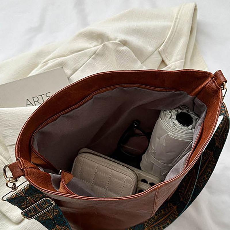Vintage Solid Color Women  Shoulder Sling Bag High-Capacity Simple Wide Strap Bucket Crossbody Bag