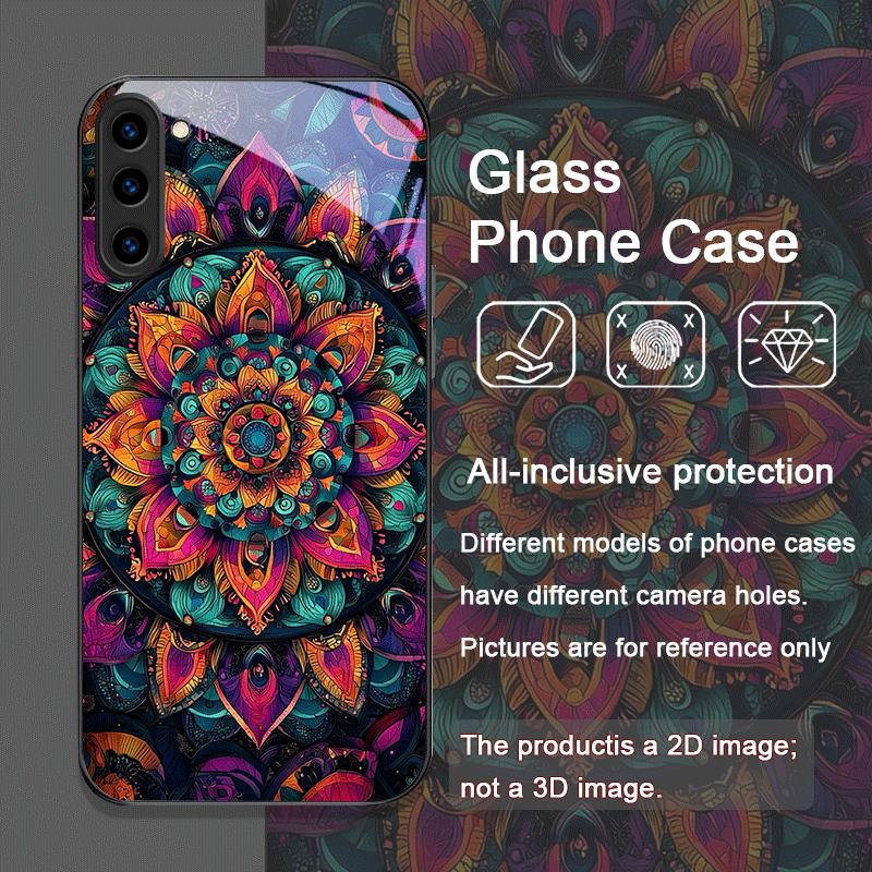 Vintage Mandala Lotusblumenmuster Gehärtetes Glas Handyhülle für Samsung Galaxy S25 Ultra S24 S23 Plus S22 S21 S20 FE 5G Cover