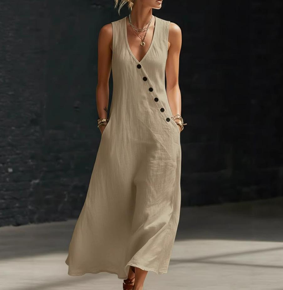 Summer V-neck Sleeveless Button Dress - Women's Holiday Casual Long Style