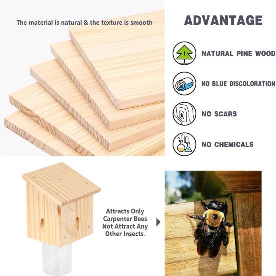 Carpenter Bee Trap Outdoor Hanging Bee Catcher Trap Kit Wooden Insect Trapping Box with Plastic Jar for Swarm Control