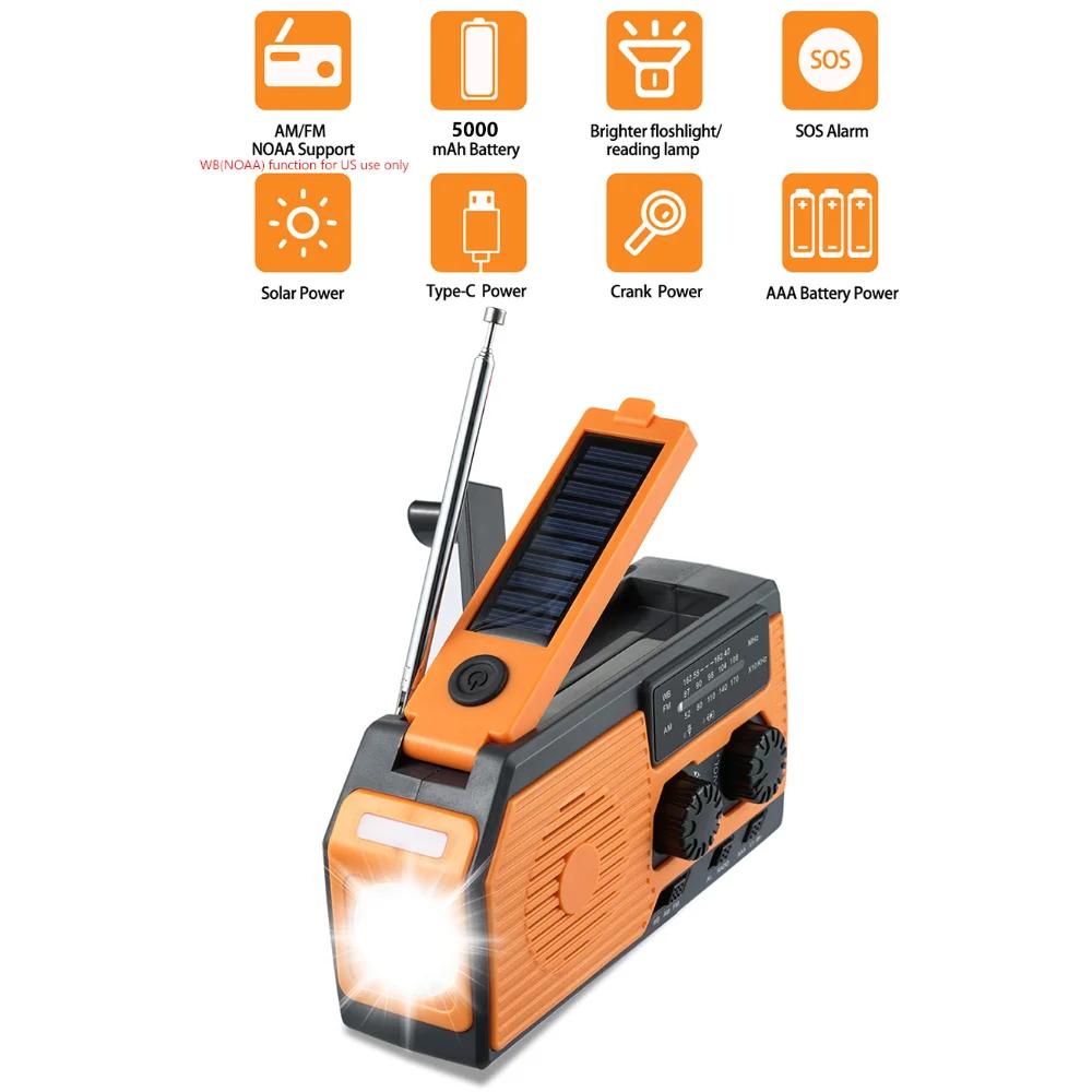 AM/FM Emergency Radio Solar Powered Hand Crank Radio with LED Flashlight 2000/10000mAh Power Bank Phone Charger SOS Alarm
