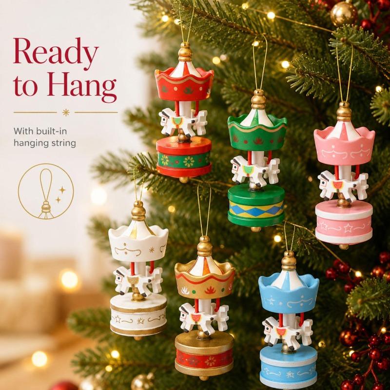 Wooden Carousel Horse Christmas Ornaments Mini Xmas Tree Hanging Pendants Holiday Home Decor Kids Festival Present Supplies