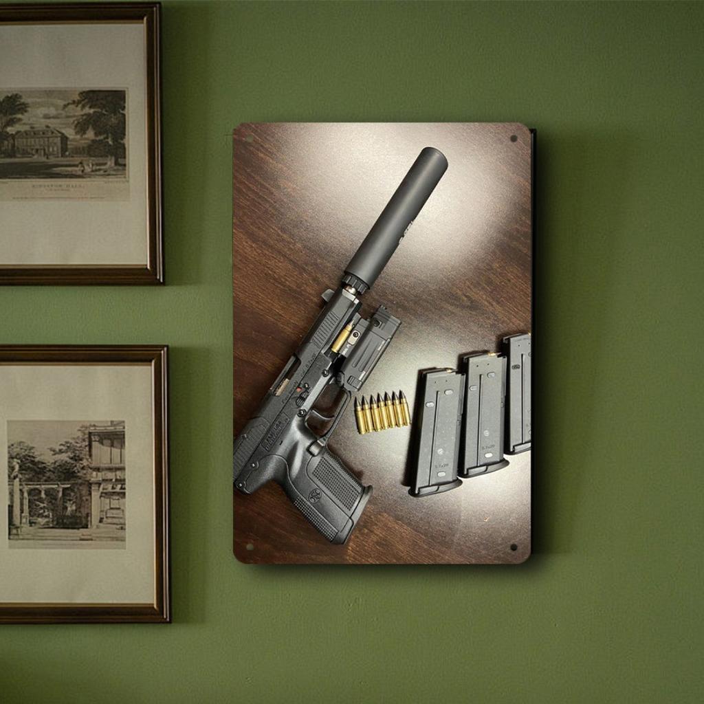 2D Wall Art Tactical FN Pistol With Silencer And Extra Magazine Wall Art Signage,   Iron Wall Art Signage