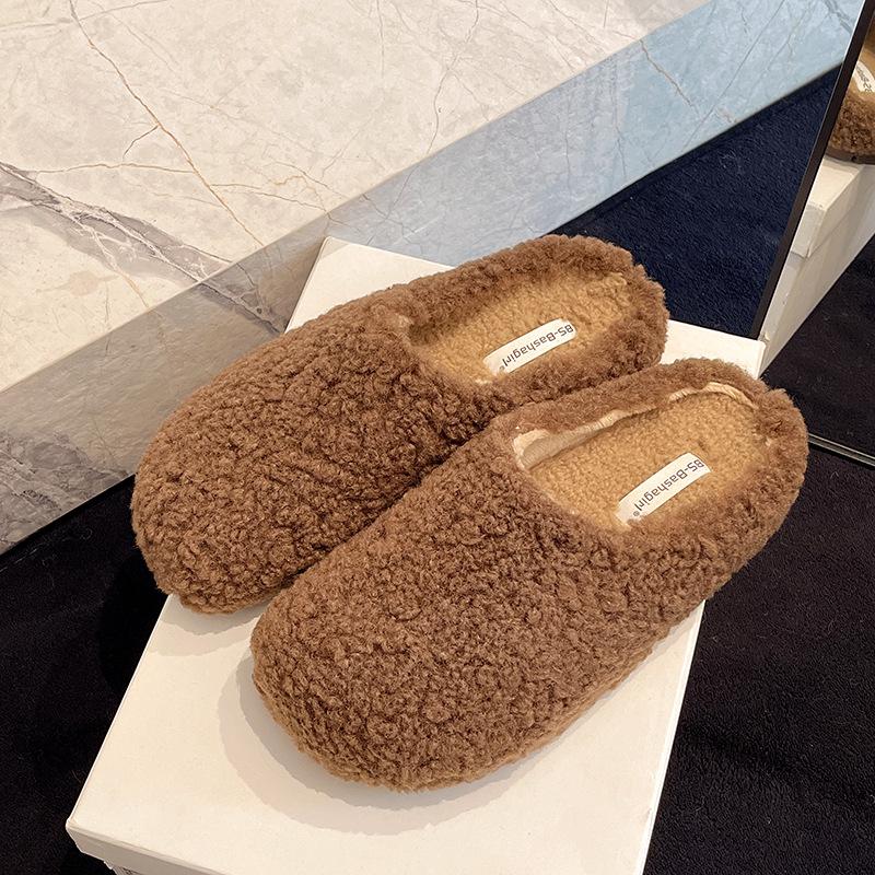 Mao Mao Slippers Women's Outer Wear 2025 New Winter Korean Version Flat-bottomed Lazy Muller Shoes with Fleece Bag Head Half-drag Cotton Mop