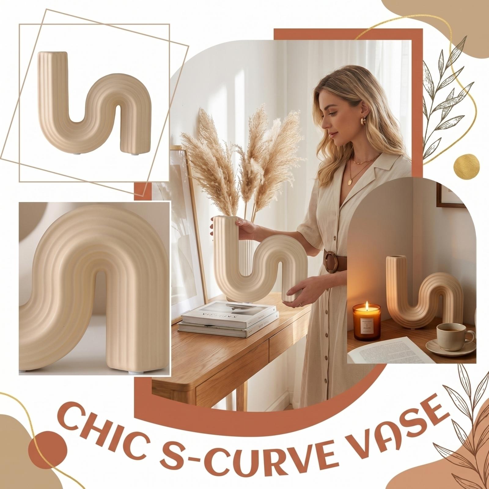 

Creative Curved Vase Tabletop Decorative Sculpture Modern Abstract Ceramic Flower Vase for Home Office Desk Accent Piece one size бежевий