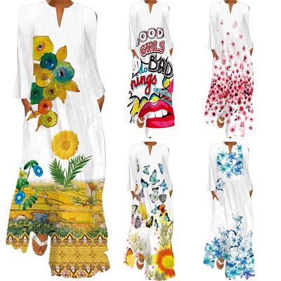2024 Summer Women's Plus Size V-Neck Long Sleeve Printed Dress