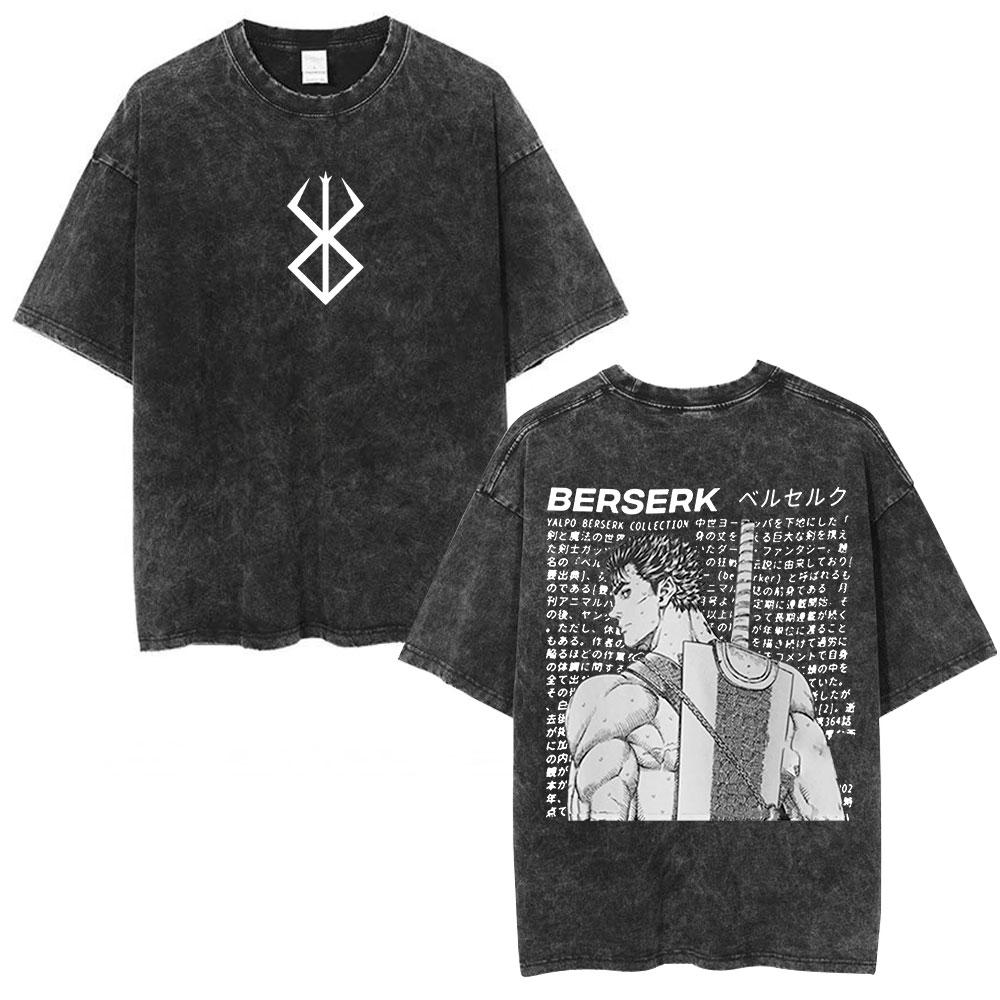 Japanese Anime Berserk Guts Vintage Washed T Shirt Griffith Swordsman Gatsu Sacrifice Zodd T-shirts Unisex Cotton Casual T-Shirt