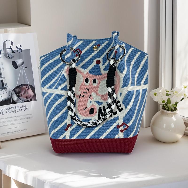 Knitted Tote with Woven Ring Buckle, 3D Magnetic Snap Handbag & Clutch