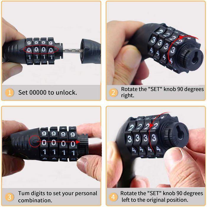 Câble antivol à 4 chiffres réinitialisable pour vélo – Antivol spiralé de 32 pouces avec revêtement en PVC pour VTT, vélo de route