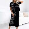 Women's Black Short Sleeve T-Shirt with White Rose Print and Matching Midi Skirt Set