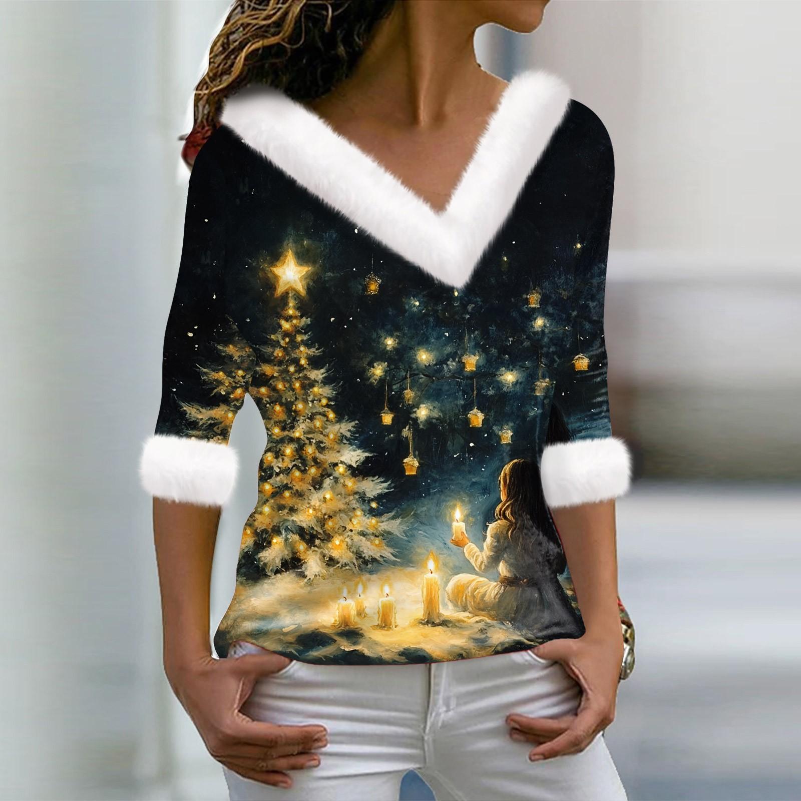 

Женская футболка с рождественским принтом, длинный рукав, флисовый воротник, V-образный вырез, футболка XXXL
