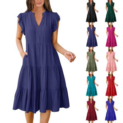 Damen Bohemian V-Ausschnitt Rüschenärmel Einfarbig Sommer Casual Lagenkleider