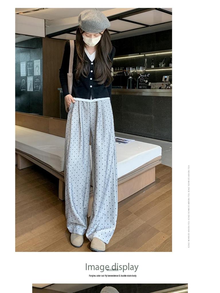 2025 Women's Khaki Polka Dot Striped Wide-Leg Pants - Spring & Autumn Relaxed Fit