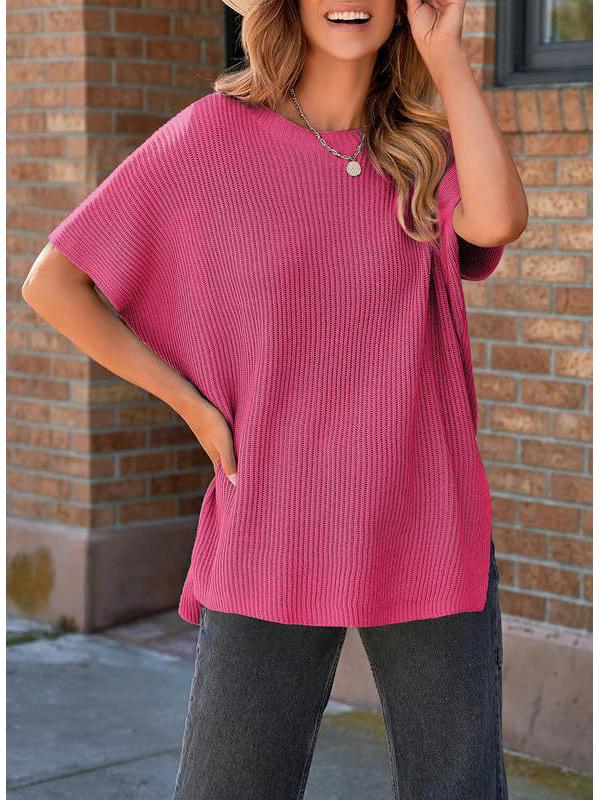 2024 Women's Summer Solid Color Knit Crew Neck Pullover T-Shirt - European & American Casual Loose Fit, Drop Shoulder, Short Sleeve Top