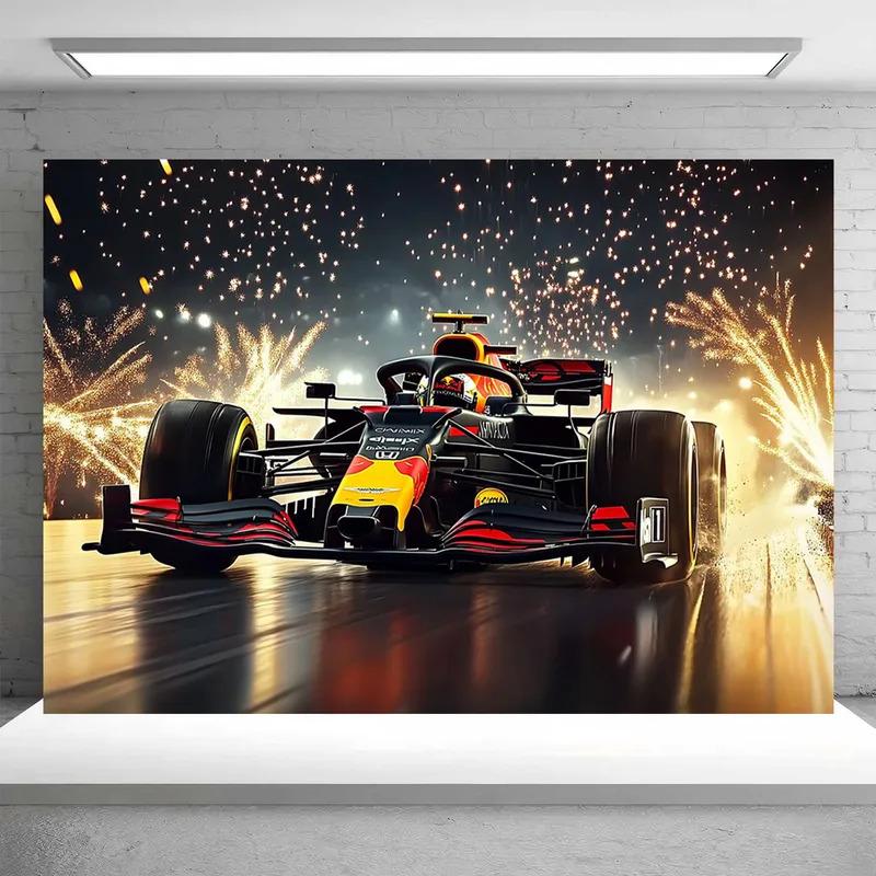 1 2D Formula racing theme photo banner with sparks - bright red and black formula car design, racing party decoration