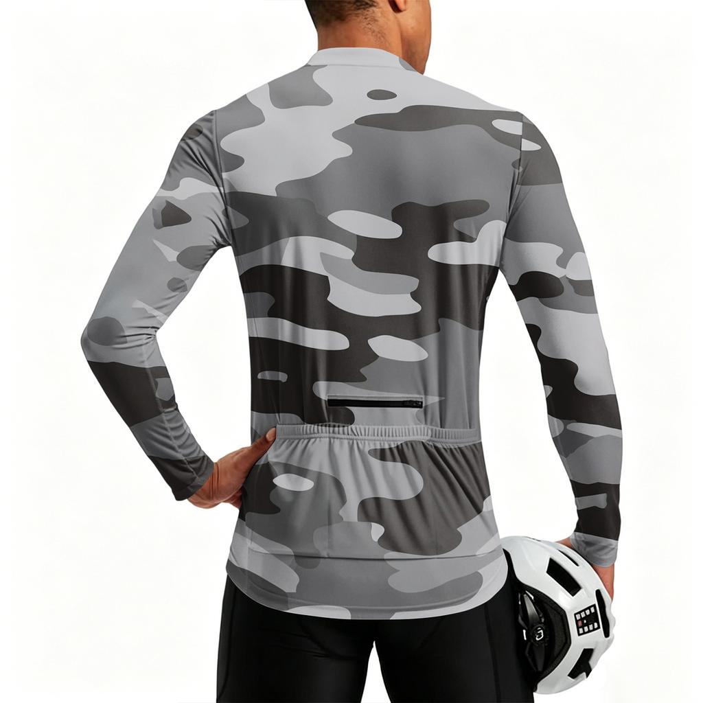Men’s Crew Neck Printed Zip Breathable Quick Dry Long Sleeve Cycling Jersey with Digital Camouflage Pattern for Outdoor Sports Activities