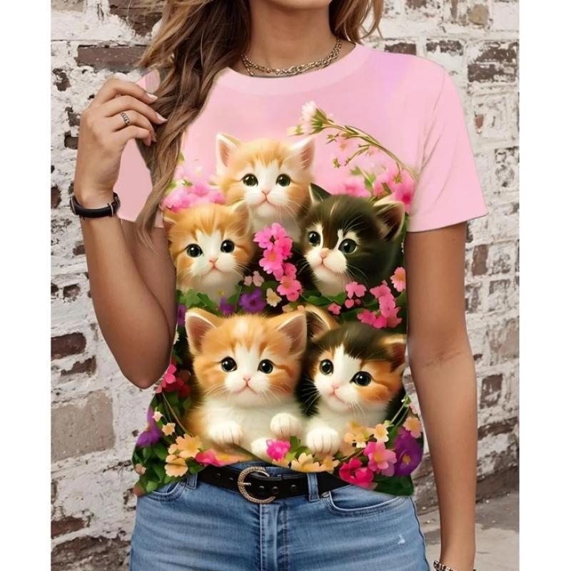

Женская футболка, модные футболки с милым котом, новые летние топы с короткими рукавами, повседневные пуловеры, женская одежда, уличная блузка 5XL