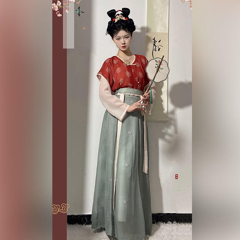 Sada dámských šatů ve stylu čínské dynastie Tang Tradiční Hanfu denní košile a dlouhá sukně s výstřihem