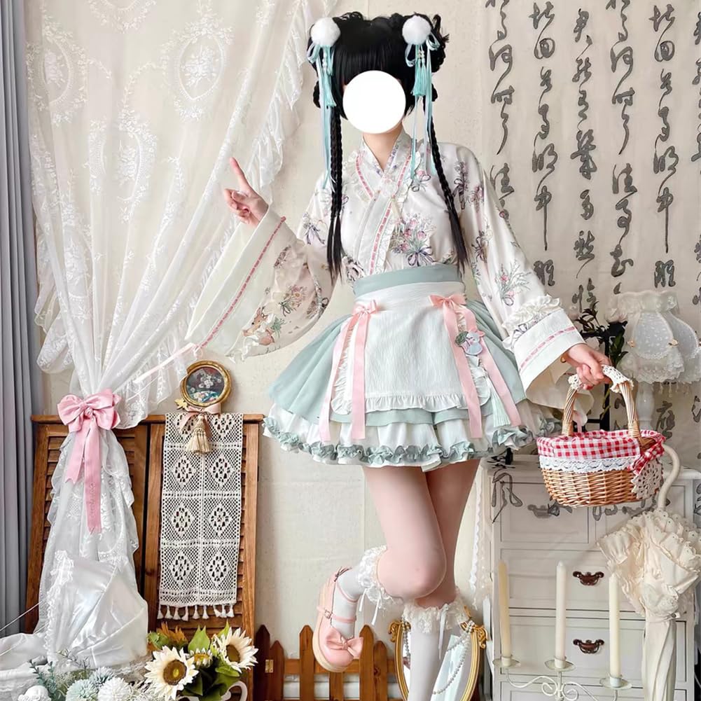 Maid Set with Chinese Printed Flared Mini and Bow Perfect for Everyday and Anime Conventions Size [SDSXZWG] Women's 4-Piece Skirt, Style, Piping,