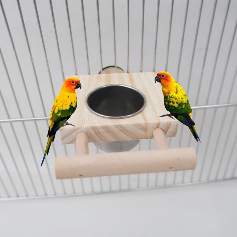Parrot Feeder Perch for Cage Hanging Bird Feeders with Stainless Steel Food Water Bowl Feeding Cups with Perch Platform