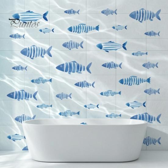 DIY Seabed Wall Murals Watercolor Blue Fish Decals, Striped Ocean Sea Life Stickers, Removable Self-Adhesive Layered School of Decor Coastal