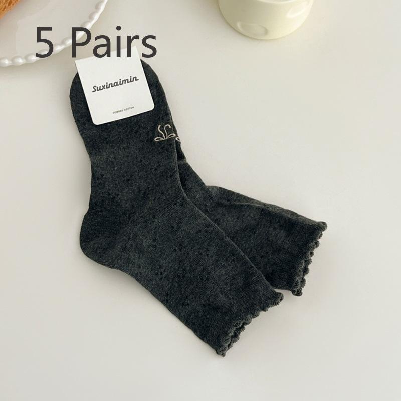 

5 пар женских симпатичных кружевных носков с бантом и ворсом 5 Pairs темно-серого