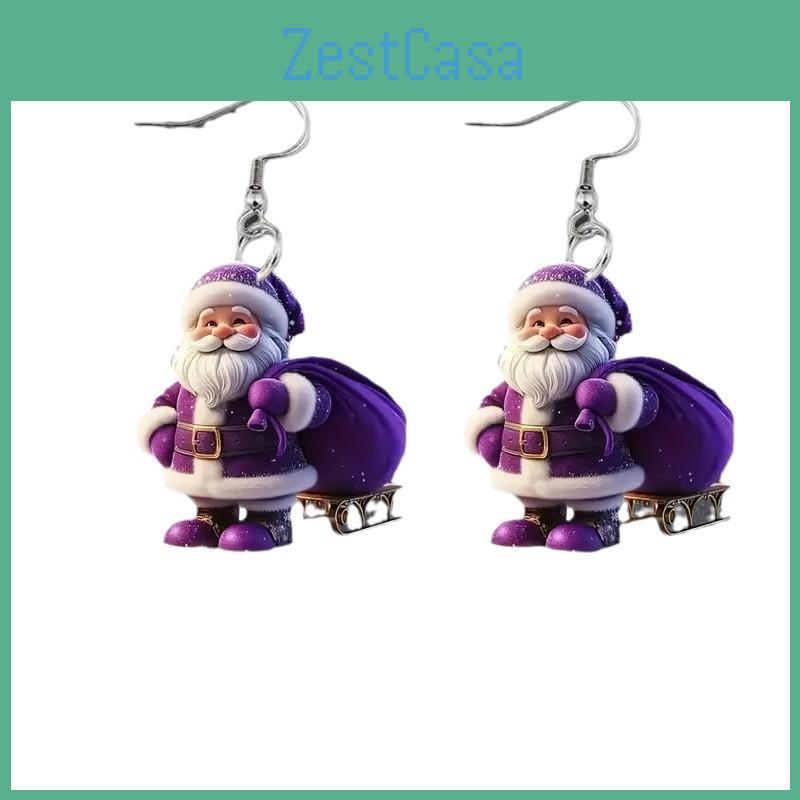 Winter Purple Santa Acrylic Earrings With Creative Design For Christmas Decor
