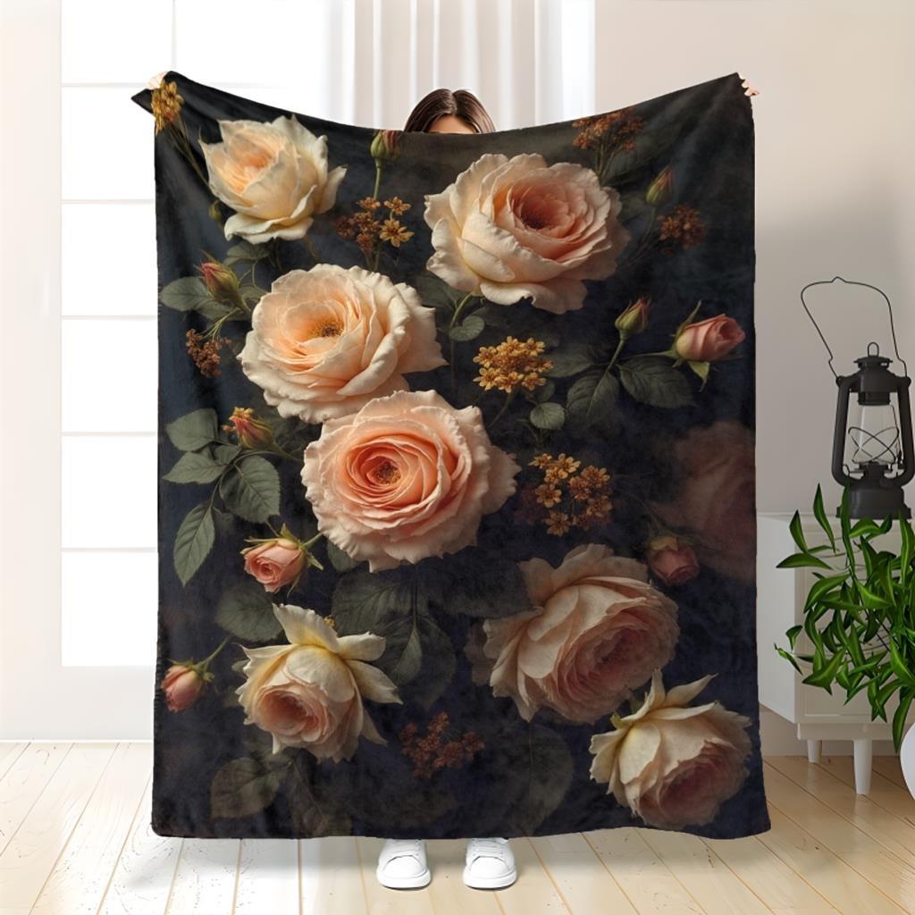 Pastel Blue & Peach Floral Soft Throw Blanket: Elegant Peony Pattern Cozy Couch Cover for Serene Home Decor
