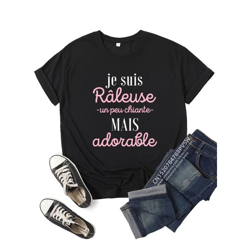 

France Letter Humour-Je Suis Râleuse Un Peu Chiante Mais Adorable Graphic T-Shirt Girl Y2K Harajuku Black Pink Tee Tops S чорний