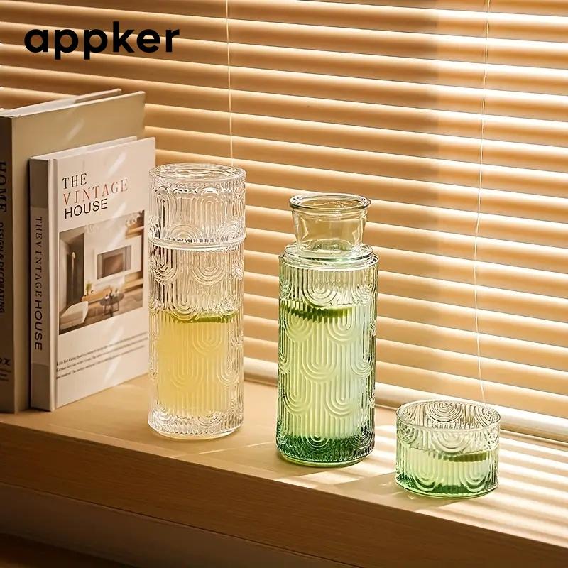 A Vintage Vertical Striped Large Capacity Glass Kettle with Cup, Suitable for Bedroom Nightstand, Study Room And Office