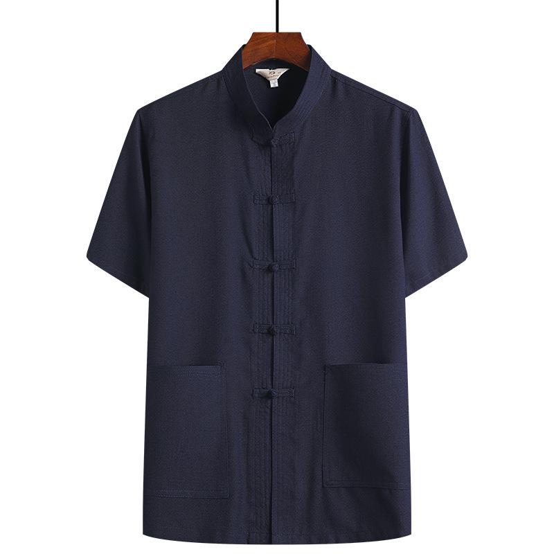 Men’s Summer Cotton Linen Tang Suit Top - Short Sleeve, Frog Button, Loose Fit, Casual Style for Middle-Aged & Elderly