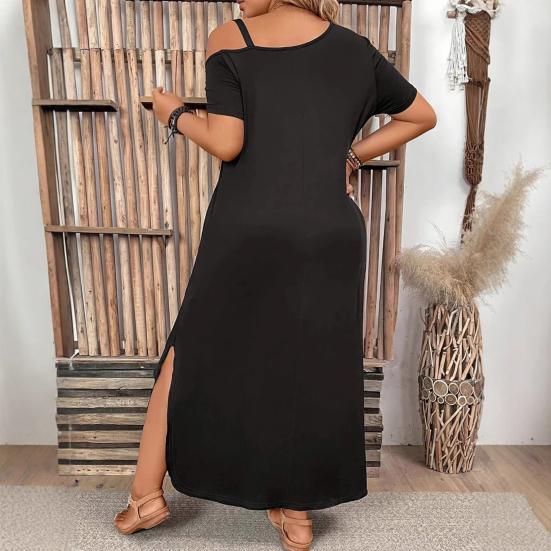 Women Dress Short Sleeve One Off Shoulder Loose Fit Sexy Dress Pure Color Loose Fit Side Slit Hem Maxi Dress with Pockets Belt