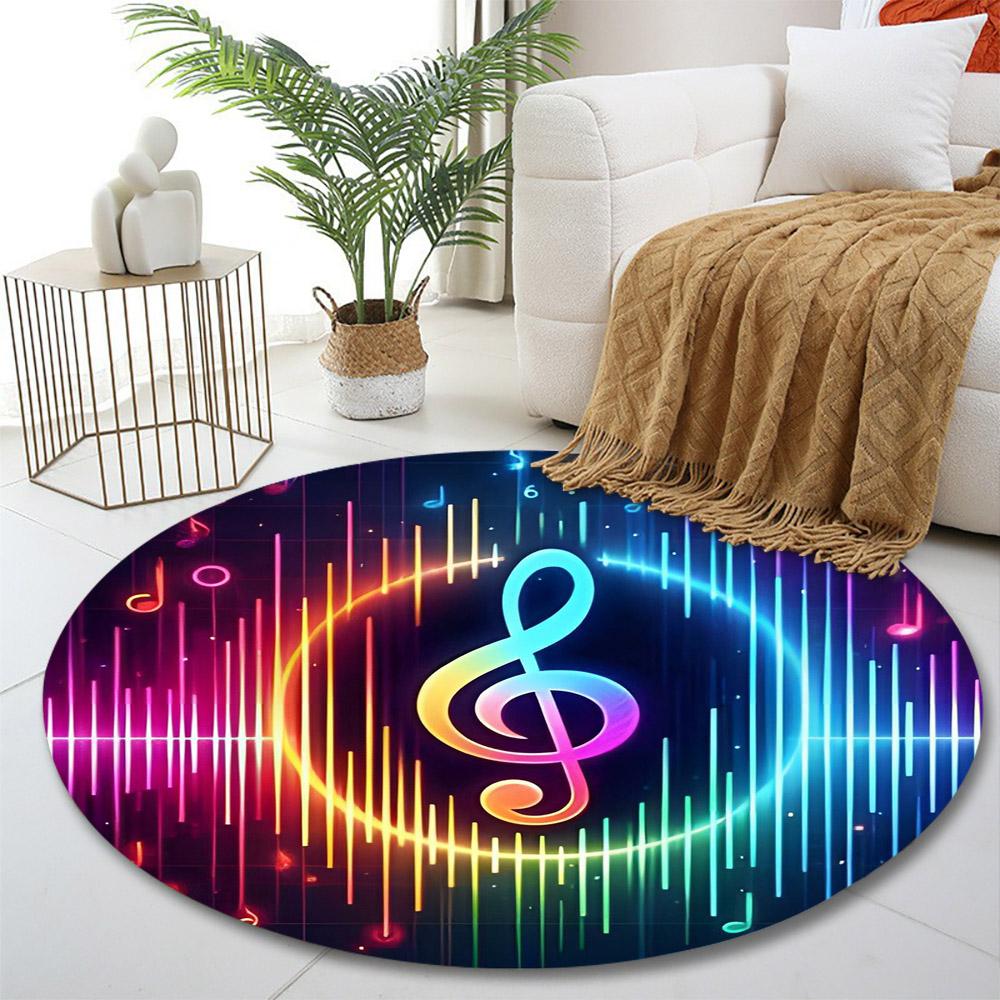Colorful Musical Notes Design Print Round Rug, Living Room, Bedroom, Playroom Carpet, Non Slip Floor Mat, Gift