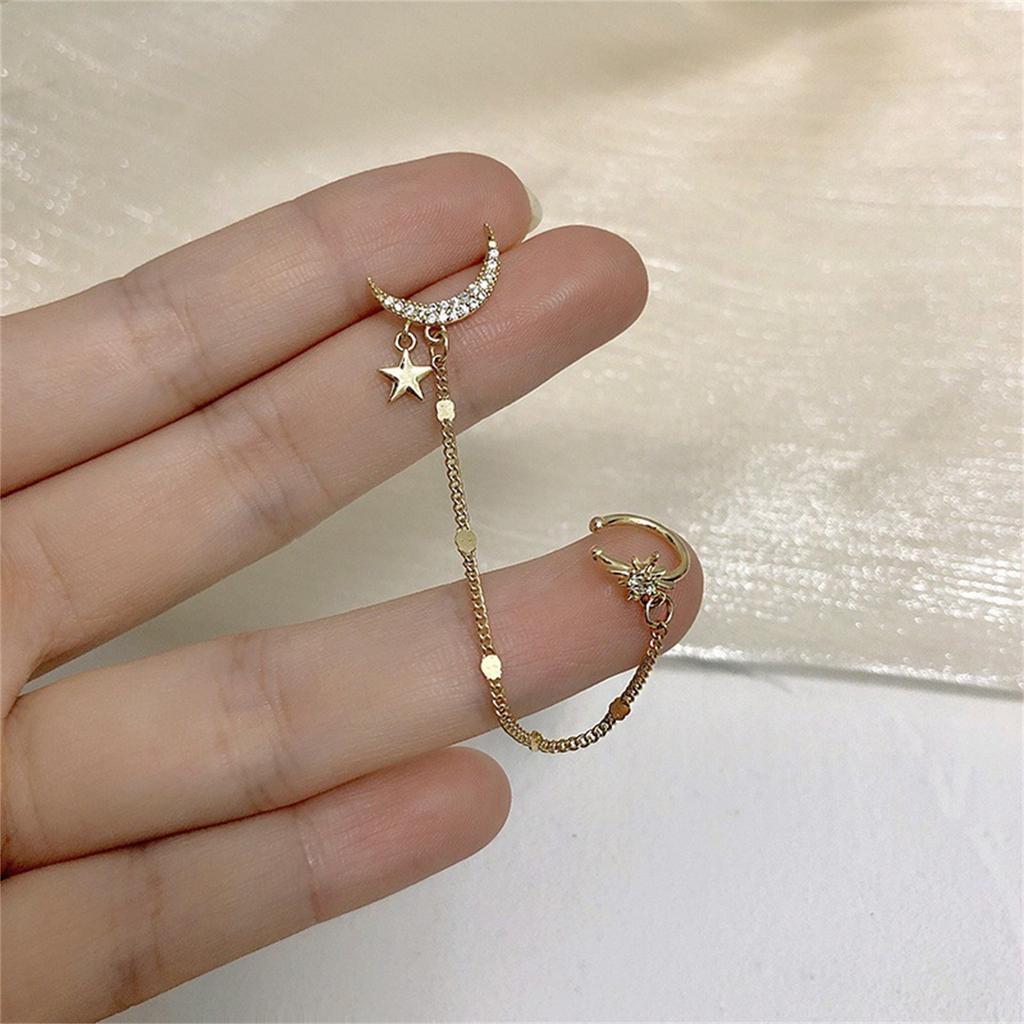 Moon Star Ear Cuff Wrap Clip Stud Long Chain Dangle Drop Cartilage Hoop Earrings For Women Gifts