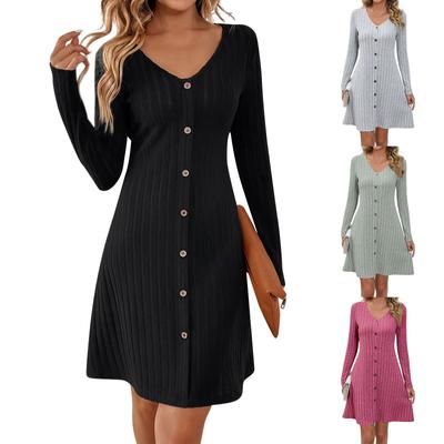 Women's Fashion Button Waist Fit Long Sleeve Solid Color Dress