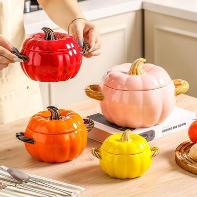 Tigela Grande de Cerâmica em Forma de Abóbora com Duas Alças e Tampa - Design Criativo Anti-Escaldante para Servir Sopa, Macarrão Instantâneo e Macarrão de Arroz com Caracol de Rio.