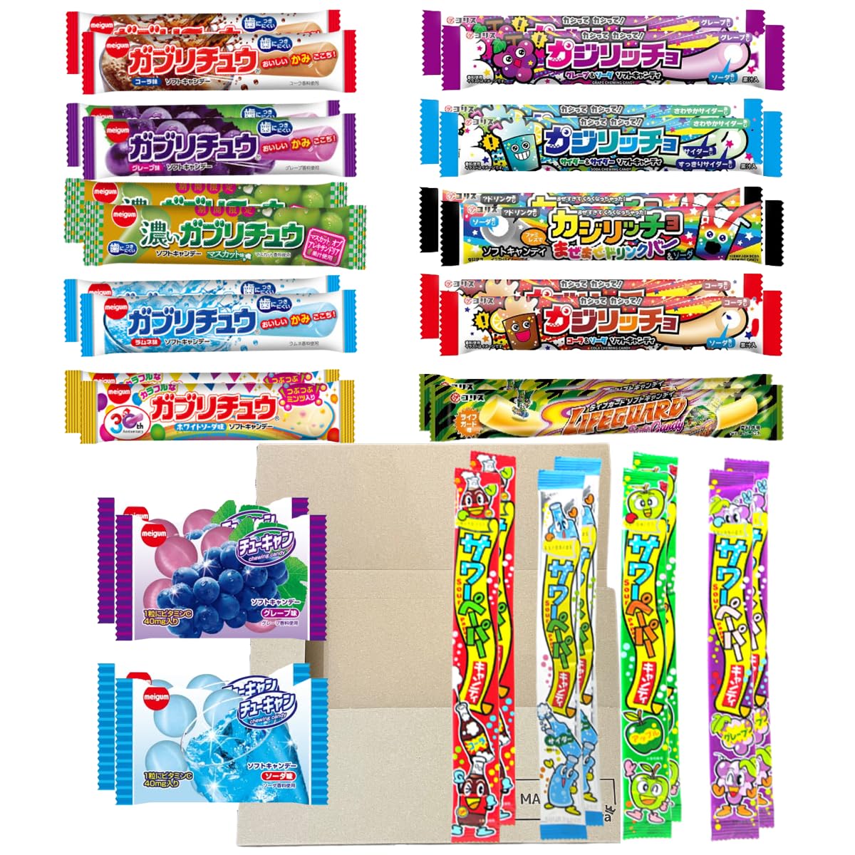 

Ассортимент жевательных конфет Gaburichu Sour Paper Lifeguard Soft Candy Chew Can Gaziliccio 16 видов всего по 2 штуки всего 32 штуки Dagashi